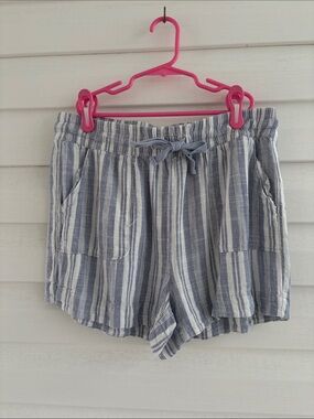 Bécool Blue White Striped Linen Blend Shorts L Coastal Nautical Drawstring